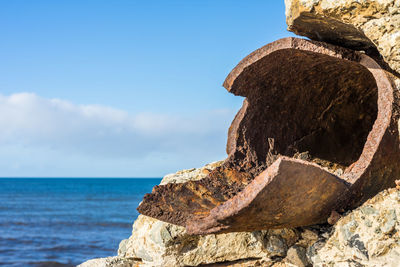 Close-up of rock on beach against sky