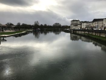 Reflection of buildings in lake