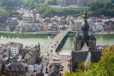 High angle view of river amidst buildings in city