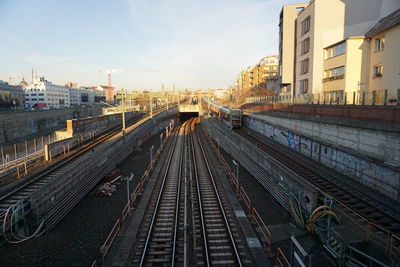 High angle view of railroad tracks amidst buildings in city