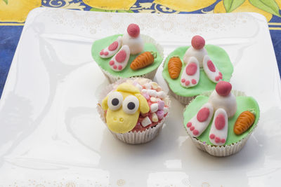 High angle view of cupcakes on table