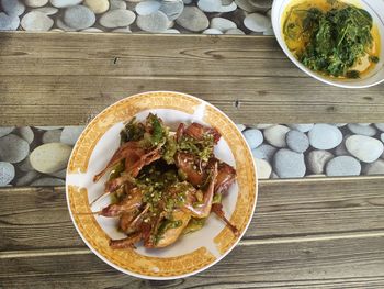 High angle view of salad in bowl on table