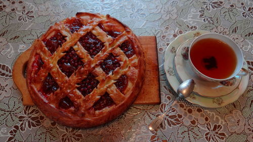 High angle view of breakfast served on table