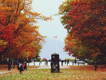 People by trees during autumn against sky