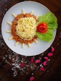 High angle view of food served in plate