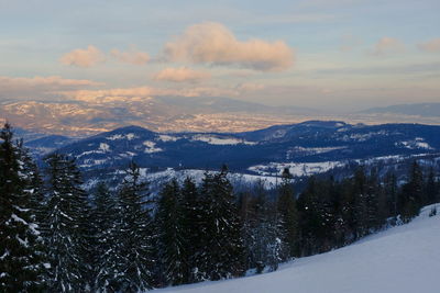 Scenic view of snow covered mountains against sky