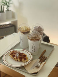 High angle view of ice cream in plate on table