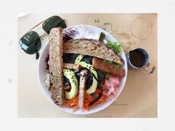 High angle view of breakfast served on table