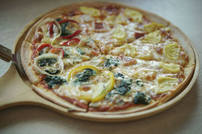 Close-up of pizza on table