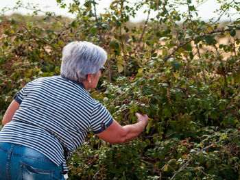 Senior woman gardening on field