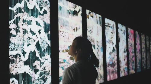 Rear view of woman standing in front of window