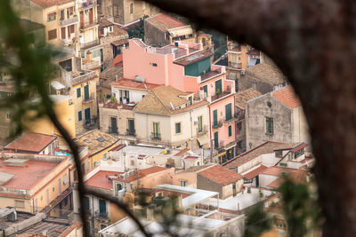 High angle view of buildings in town