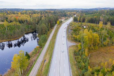 High angle view of road amidst trees