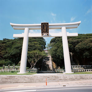 Low angle view of temple gate against sky