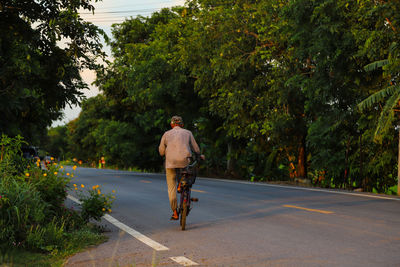 Rear view of man riding bicycle on road