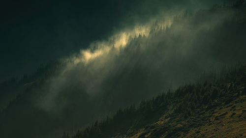 Low angle view of trees and mountain against dramatic sky