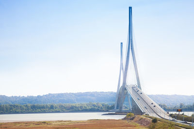 View of suspension bridge against clear sky