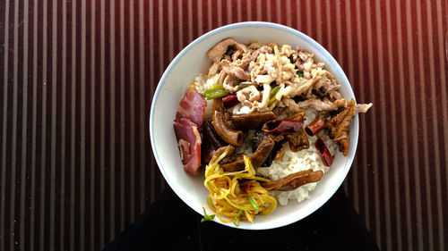 High angle view of meal served on table