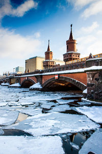 Bridge over river against buildings in city