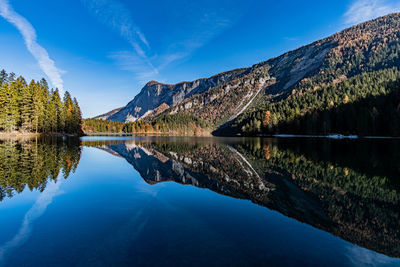 Scenic view of lake and mountains against blue sky