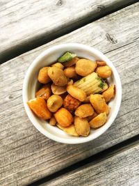 High angle view of salad in bowl on table