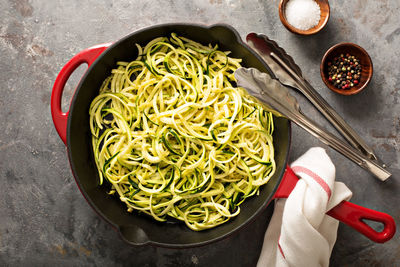 High angle view of noodles in bowl on table