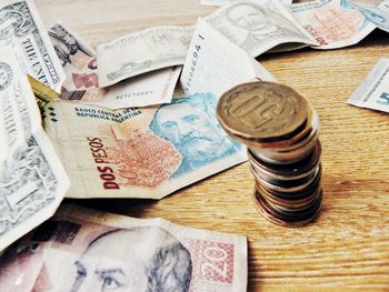 Close-up of coins on table