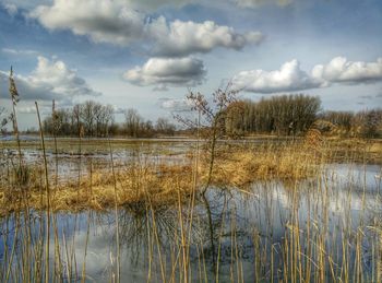 Scenic view of lake against cloudy sky