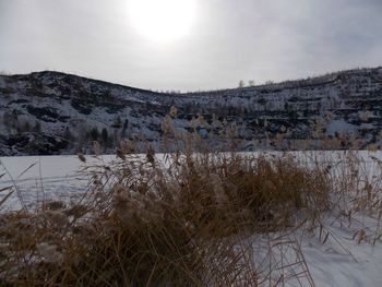 Scenic view of mountains against sky during winter