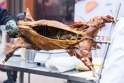 Close-up of meat on barbecue grill