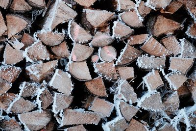 Full frame shot of firewood with snow