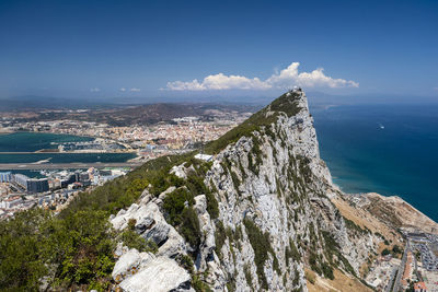 Panoramic view of sea and mountains against sky