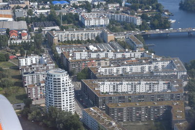 High angle view of buildings in city