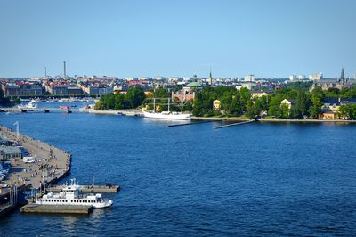 Scenic view of sea by buildings against clear sky