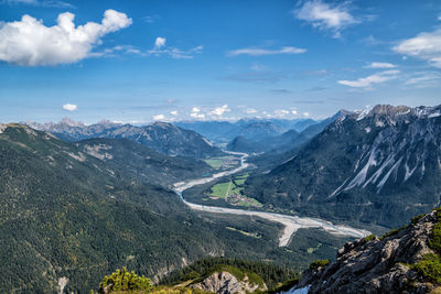 Panoramic view of snowcapped mountains against sky