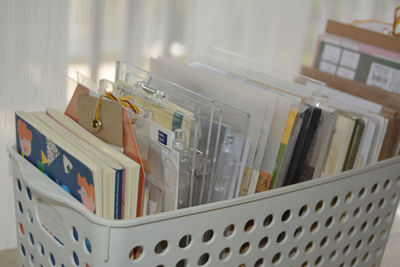 High angle view of books in shelf