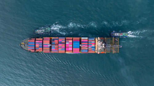 High angle view of ship in sea