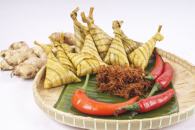 High angle view of fruit in plate on table