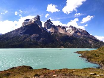 Scenic view of mountains and sea against sky