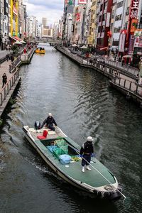 High angle view of people on boat in river