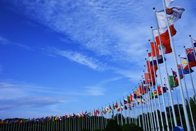 Low angle view of flags hanging against building