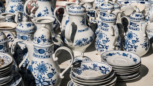 High angle view of various crockery for sale at market