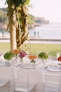 High angle view of place setting outdoors