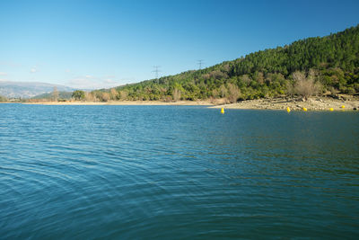 Scenic view of sea against clear blue sky