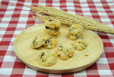 High angle view of bread in plate on table