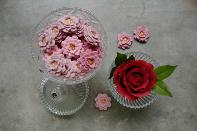 High angle view of rose bouquet on table