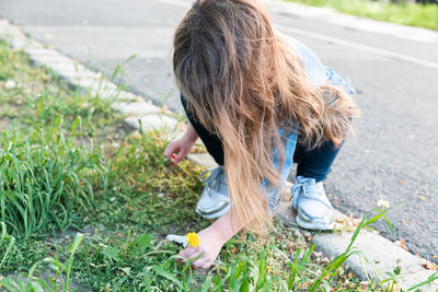Little girl with blonde hair in jeans and a denim jacket rips off a yellow dandelion in the park