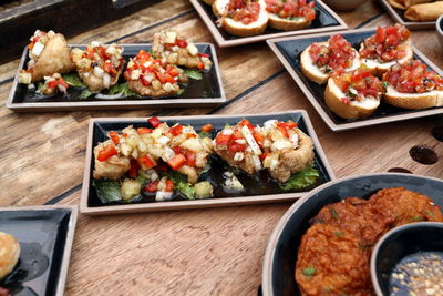 High angle view of sushi served on table