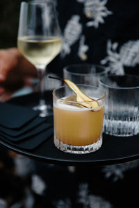 Close-up of beer glass on table