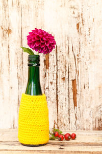 Close-up of flowers in bottle on table